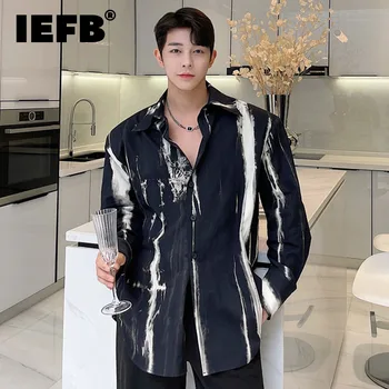 IEFB Estilo coreano Almofada de Ombro Irregular Tie-dye Camisa dos Homens de Moda Nova Lapela Único Breasted Solta Macho Top 2023 Outono 9A1218