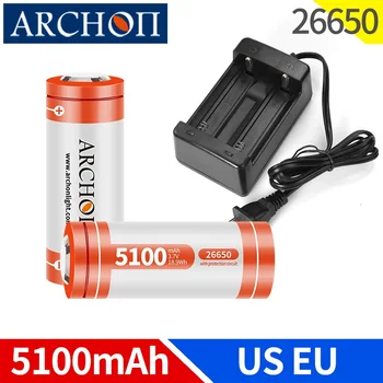 ARCONTE 5100mAh 26650 Bateria Recarregável de Lítio de 3,7 V + UE Plug EUA 26650 Carregador + Presente Lanterna LED