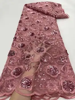 Africana 3D Lantejoulas Tecido do Laço cor-de-rosa do Quaity Alto Sequência de Tecido Bordado francês Tule de Malha de Tecido de Renda para Nigeriano Festa