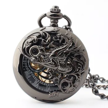 5PCS de Luxo Phoenix Kirin Dragão Mecânico Relógio de Bolso para os Homens Esqueleto Masculino Orologio Homem Cadeia de Relógios Numeral Romano Relógio