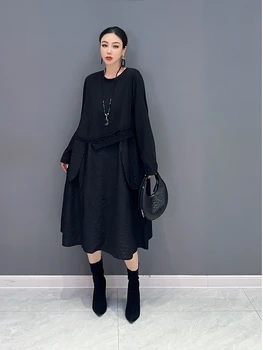 SuperAen Outono 2023 Nova Coreano De Malha Com Costura De Cor Sólida Vestido Solto Oversize Mulheres De Vestido Longo