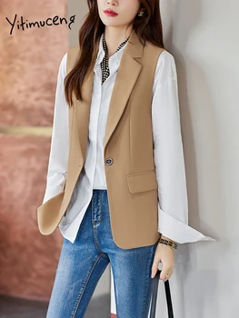 Yitimuceng Casual Blazers Vest para Mulheres 2023 Nova coreano Moda sem Mangas Único Botão do Casaco Casual Senhoras Y2k Coats