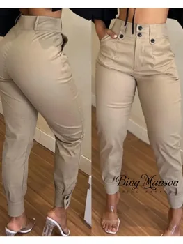 2023 Outono Mulheres Novas Calças da Moda Cintura Alta Botão Design de Bolso Leggings Calças Cargo das Mulheres Casual Calças