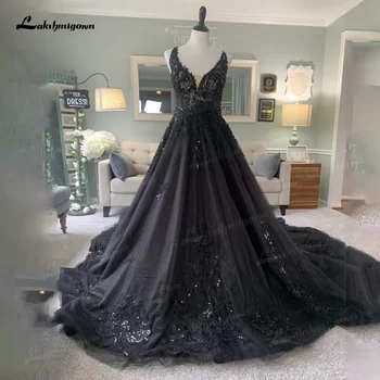 Lindo Vestido de Noiva Preto com decote sem alças Sequins de Renda Gótico de Vestido de Casamento Feito manto de mariee noire gothique
