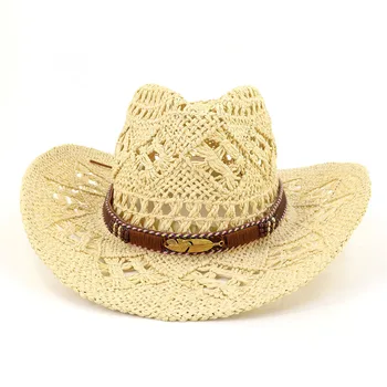 Verão Ocidental Oca de Palha Cowboy Cowgirl Chapéu para as Mulheres os Homens ao ar livre Ampla Brim Proteção contra o Sol, Chapéu, Tecidos à Mão Sombreros De Mulher