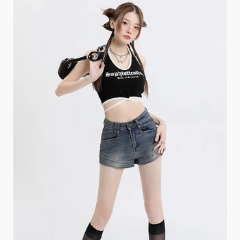 Retro Angustiado Shorts Jeans Feminino Versão coreana de cintura Alta Envoltório Elástico Hip Hot Pants Mulheres Y2k Slim Fit Short Jean Mujer