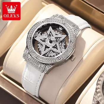 OLEVS Novas Mulheres Relógio de Luxo Diamante Elegante Prata Relógios de Quartzo Para Senhoras Estrela de Cinco pontas Pode Ser Girado das Mulheres relógio de Pulso