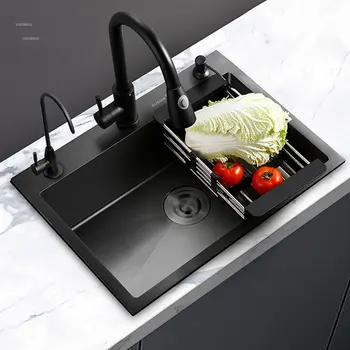Preto de Aço inoxidável lavatório com Faca Mantenha Nano Simples Pias de Cozinha Engrossar lavar, pias de Cozinha, Acessórios de Grandes Dissipadores de
