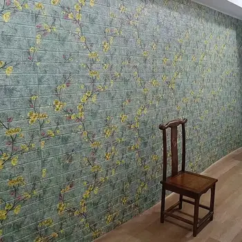 3D Papéis de parede de Tijolo Flor de Pêssego Padrão de Espuma Painel de Estilo Chinês para a Sala de Decoração da Parede Impermeável Auto-adesivo Autocolante