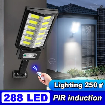 250/288LED Luz Solar Exterior Impermeável de Rua Lâmpada de Parede do Sensor IR 3Mode Ajuste do Controle Remoto Lanterna de Iluminação para o Pátio