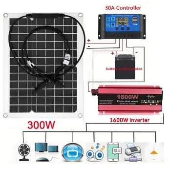 300W Painel Solar 1600W Sistema de Energia Solar Kit Carregador de Bateria 12V para 220V Pura da Onda de Seno Inversor Completo de Geração de Energia