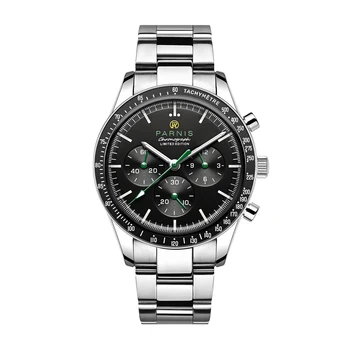 Moda Parnis 40mm Mostrador Preto Cronógrafo de Quartzo Relógio masculino Verde Mãos Cinta de Aço Inoxidável dos Homens Impermeável Relógios de Presente de 2023