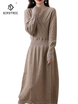 Birdtree 100%de Lã de Merino Elegante Camisola para Mulheres Vestidos com Decote em V Manga Longa de Malha Grossa Vestido Outono Inverno as Saias Longas D38504QC