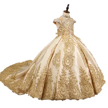 Ouro Esferas de Vestidos da Menina de Flor Para a Noiva Elegante Desfile de Vestido sem Mangas Apliques de renda Sagrada Comunhão, Vestidos para menina