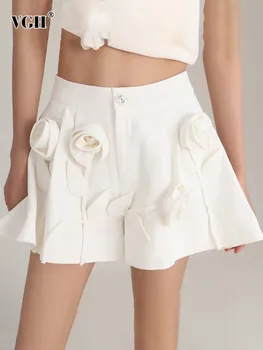 VGH Sólido Patchwork Shorts Floral Para as Mulheres de Cintura Alta, Pregas Emendados Botão Minimalista Calças Curtas Feminino Moda Verão Roupas
