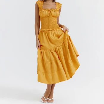 PASSIONNÉ Vestido Amarelo para as Mulheres de Suspender a Praça Pescoço Laço na Cintura Elástica Patchwork Plissado Vestidos Femininos 2023 Moda de Nova