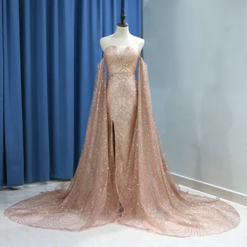 Luxo, Brilho Ouro Rosa com Paetês Sereia Vestidos de Baile Com Destacável Mangas compridas Vestido de Noite Formal Lado de Dividir com decote em V Tribunal Tr