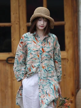 Mulheres Floral Impressão Em Camisas Longas Vintage Vire Para Baixo De Gola Único Breasted Blusa Camisa Coreano Moda Feminina Roupas De Outono