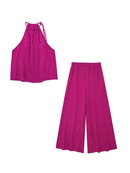 Kumsvag 2023 Mulheres de Linho para o Verão 2-Conjuntos de Peças de Moda Sólidas Soltas, Blusas, Tops e Calças Feminino Elegante Dois Ternos de Vestuário