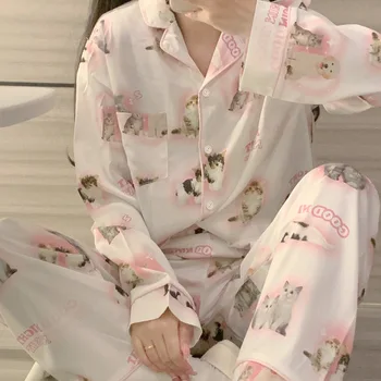 QSROCIO Mulheres Primavera-Verão da Seda Como Pijama Menina Manga Longa Bonito Gatinho de Impressão Casual Home de Roupas de Duas peças de Conjunto