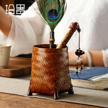 Artesanais de bambu tecido de seis senhores chá cilindro retro laca de armazenamento de cilindro de caneta titular do chá de chá de agulhas de chá clipe de chá ceremo