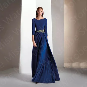 2023 Nova Chegada Azul Royal Mãe de Vestidos de Mangas 3/4 Mãe da Noiva Vestidos de Volta para Fora Convidado do Casamento Vestido Frisado Plissado da Saia