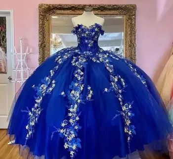 ANGELSBRIDEP Beading Flores 3D Flora Azul Royal Vestidos de Quinceanera Bola Vestido Celebridade Baile Dresess Para Doce de 15 jovens Dres
