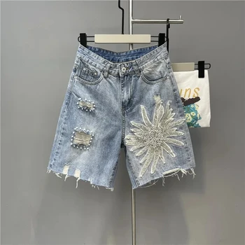 2023 Verão de Unhas de esferas 3D tridimensional flor Shorts Jeans Mulheres Europeu de Cintura Alta Lavado Calças de Elástico Hot pants Jeans
