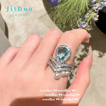 JitDoo Exclusivo Design Elegante, Delicado Anel de Luxo Topa de Safira CZ Pearl Drop Forma de Colar de Mulheres Jóias Festa Premium Gift