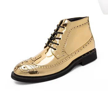Luxo Ouro Brogue Botas Homens 2023 New Oxford Formal Sapatos de Homens Designer de Botas de Couro Elegante Homem Vestido de Sapatos de Casamento mocasines