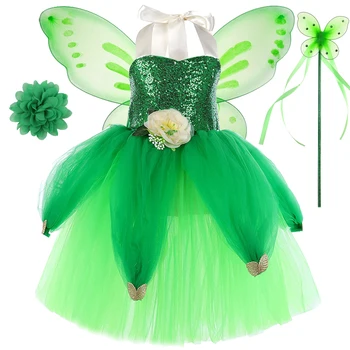 Verde Tinker Bell Vestidos de Princesa para Meninas Fada das Flores, Trajes de Halloween Natal das Crianças Tutus Roupa com Asas de Borboleta