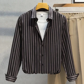 Novos Homens de Camisa de Manga comprida Preta de listras Verticais Senhores de Negócios da Camisa Formal Versátil Slim Fit Gola Polo Camada Interna
