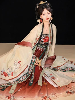 Hanfu Chiffon Gradiente de Mulheres de Vestido Longo Requintado Bordado Floral Solta Casaquinho de Retro Estilo Chinês Antigo Primavera, Outono