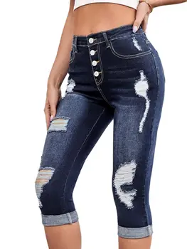 2023 Verão Novo Meados De Cintura Rasgado Bezerro Comprimento De Jeans Para As Mulheres A Moda Skinny Jeans Stretch Lápis Calças Ocasionais De Vestuário Feminino