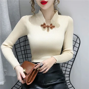 2023 outono vintage novo Chinês suéter de malha mulheres fivela redonda oca slim manga longa blusa mulheres