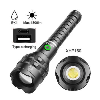 XHP160 Lanterna LED 4800Lm Tipo-c USB Tocha Recarregável IPX4 Impermeável Telescópica com Zoom Lanterna 5 modos de Lâmpada de Acampamento ao ar livre