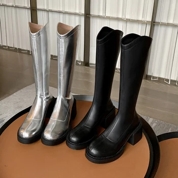 2023 novo Outono inverno Mulheres botas de cano alto de couro natural 22-25cm de Microfibra de pele+porco moderno botas de volta zip longa botas