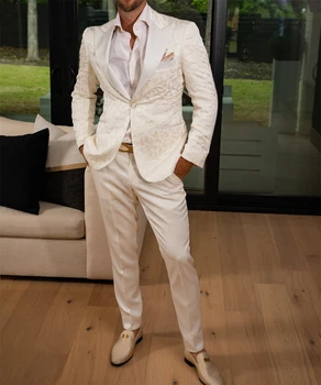 Marfim Jacquard de Noiva Elegante Smoking do Noivo 2PCS Blazer Calça Slim Fit Personalizada Formal, Festa Cheia de roupas masculinas