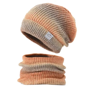 Inverno Quente Chapéus Para Mulheres Gradiente Cachecol Listrado Chapéu Conjunto De Lã Grossa Tie Dye Skullies Beanies Fêmea Exterior Earflap De Neve Caps