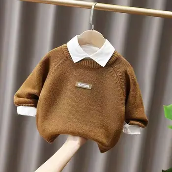 Meninos de Lã do Suéter de Crochê de Algodão, Tricô 2023 Bege Quente Engrossar Primavera Inverno Adolescentes Tops de Roupas infantis