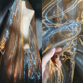 Ouro Curry Degradê Azul Do Laser De Água, Luz Organza Designer De Tecidos De Diy Vestido Ilusão Criativa Tecidos
