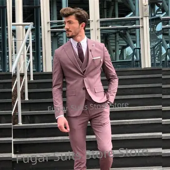 Moda Elegância Casamento-De-Rosa Ternos Para Homens Slim Fit Pico De Lapela Do Noivo Smoking 3 Conjuntos De Peças Luxuly Masculino Blazer Traje Homme
