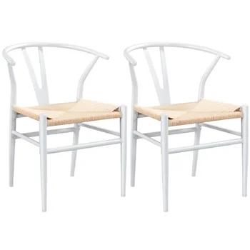 Metal Cadeiras de Jantar com Tecido de Cânhamo Assento, Conjunto de 2, Branco