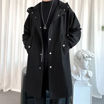 2023 Homens Casaco Blusão de Longa Vala Oversize Solta Streetwear com Capuz Vintage Black Coats High Street e Casual Masculino Outerwear