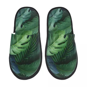 Casa Chinelos De Quarto Dormitório Interior Chinelo Tropical Verde E As Folhas De Palma Macia Flip-Flops Peludos Sapatos De Pelúcia