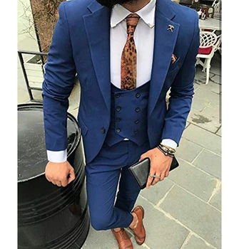 Blue Mens Ternos Para Casamento Feito-Breasted Único Para O Homem Noivo De 3 Peças O Melhor Homem De Smoking Traje Blazer Colete Calças