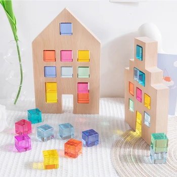 Acrílico Arco-Íris Building Blocks Crianças Montessori Brinquedos De Madeira De Educação Criativa Blocos De Presente De Aniversário Tijolo De Construção De Brinquedos De Presente