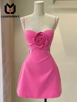LUXO&INVEJA cor-de-Rosa Vestido de Elevado Sentido de Doce Reduz Parece Deslizamento Fina de Outono 2023 Mulheres da Moda