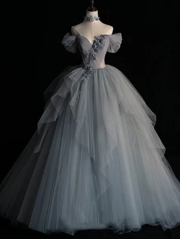 Off Ombro francês Retro Vestido de Princesa de Luxo 3D Flor do fundo V-Pescoço em Camadas Irregulares Vestido de baile de Tule Longos Vestidos de Baile