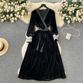 Vintage Vestido de Veludo Mulheres de Estilo francês Elegante V-pescoço Cinta de Meados de-comprimento Vestido de 2023 moda de Roupas femininas